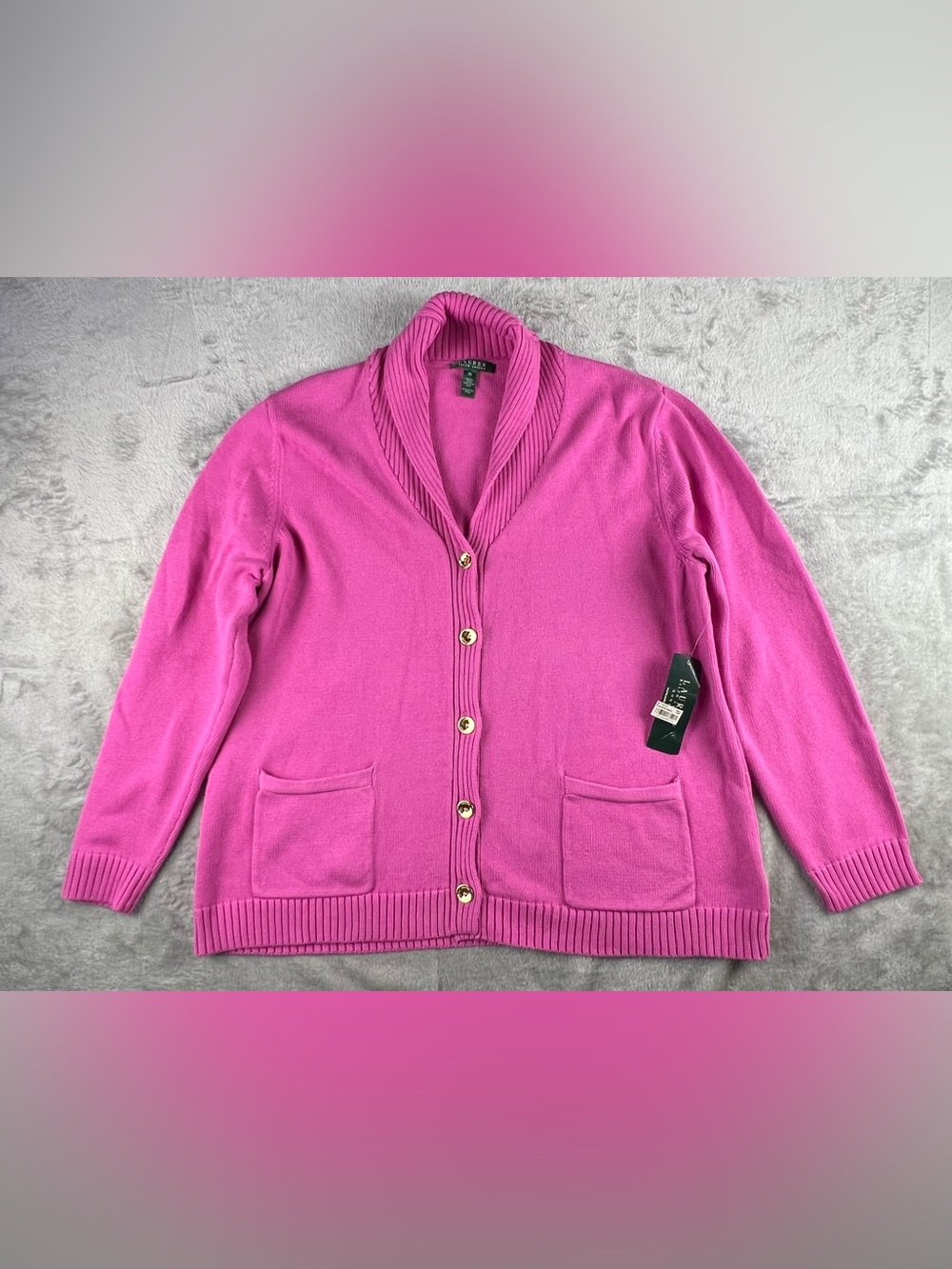 Lauren Ralph Lauren Cardigan Sweater Womens Plus 3X Pink Gold Buttons Shawl